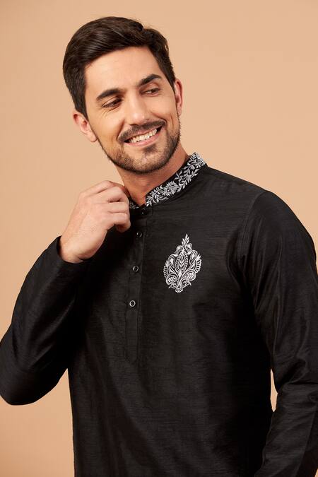 Shop Hilo Design Black Semi Raw Silk Floral Amyr Embroidered Kurta Online at Aza Fashions Shop_Hilo Design_Black Semi Raw Silk Floral Amyr Embroidered Kurta _Online_at_Aza_Fashions
