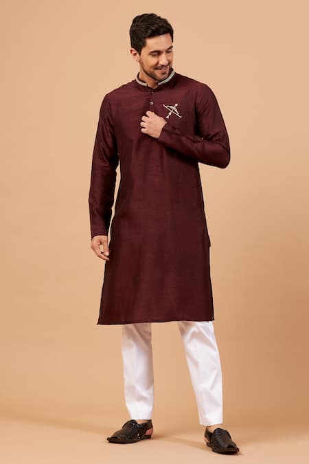 Hilo Design_Maroon Semi Raw Silk Leaf, Bow, Arrow Adira Zari Embroidered Kurta _Online_at_Aza_Fashions
