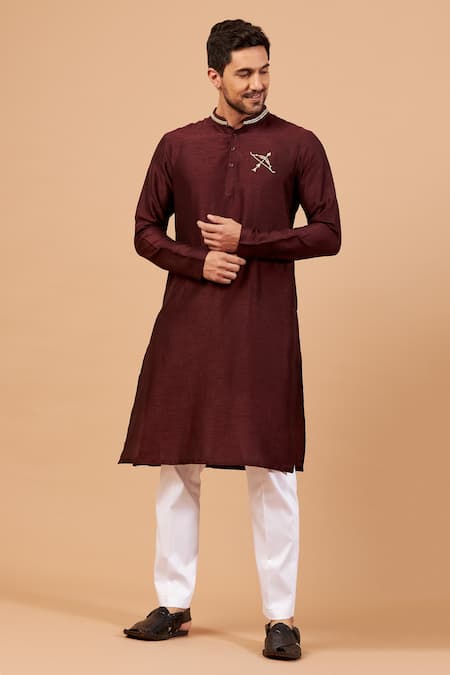 Buy_Hilo Design_Maroon Semi Raw Silk Leaf, Bow, Arrow Adira Zari Embroidered Kurta _Online_at_Aza_Fashions