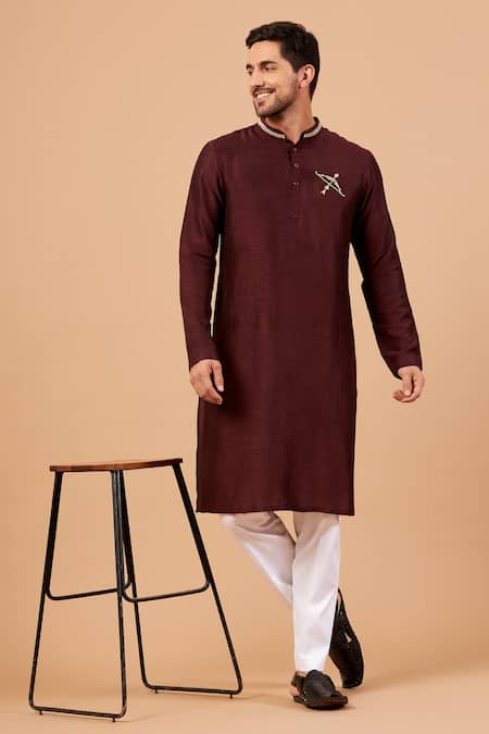 Shop_Hilo Design_Maroon Semi Raw Silk Leaf, Bow, Arrow Adira Zari Embroidered Kurta _Online_at_Aza_Fashions