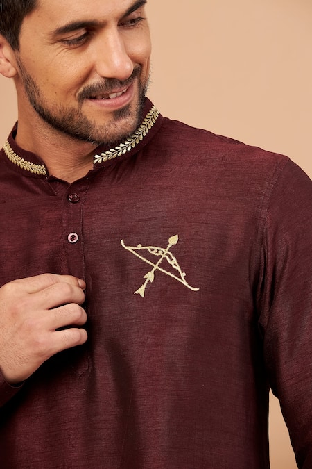 Hilo Design_Maroon Semi Raw Silk Leaf, Bow, Arrow Adira Zari Embroidered Kurta _at_Aza_Fashions