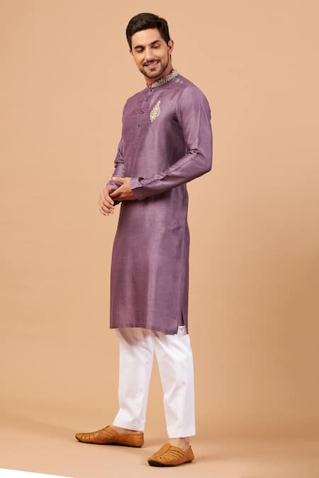 Hilo Design_Purple Semi Raw Silk Floral Inara Embroidered Kurta _Online_at_Aza_Fashions