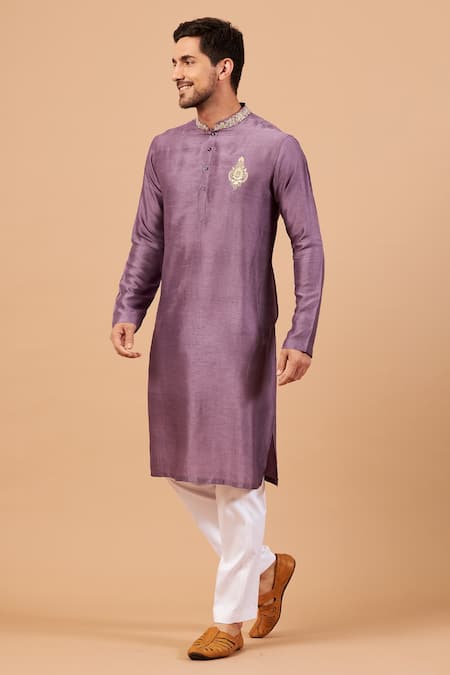 Buy_Hilo Design_Purple Semi Raw Silk Floral Inara Embroidered Kurta _Online_at_Aza_Fashions
