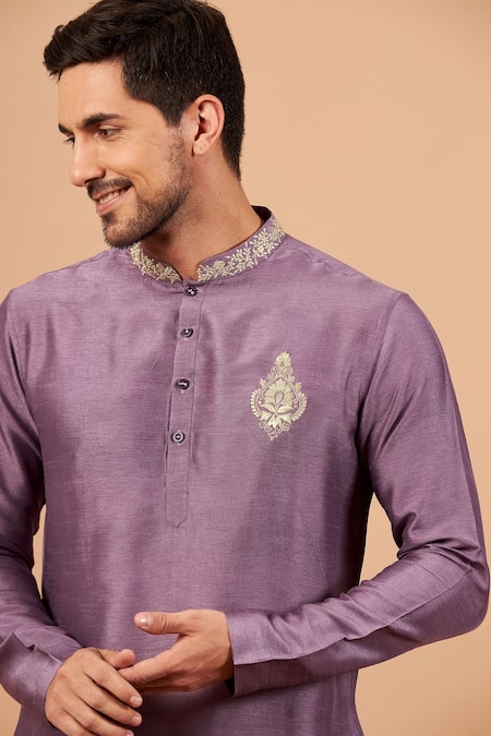 Shop_Hilo Design_Purple Semi Raw Silk Floral Inara Embroidered Kurta _Online_at_Aza_Fashions