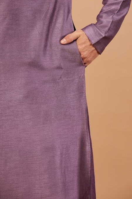 Hilo Design_Purple Semi Raw Silk Floral Inara Embroidered Kurta _at_Aza_Fashions