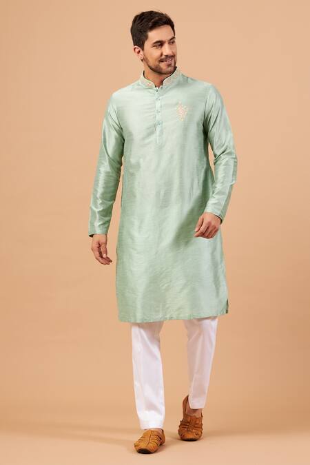 Hilo Design_Green Semi Raw Silk Floral Amil Embroidered Kurta _Online_at_Aza_Fashions