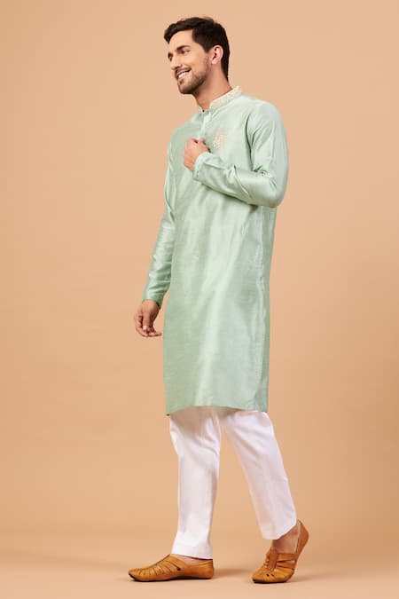 Buy_Hilo Design_Green Semi Raw Silk Floral Amil Embroidered Kurta _Online_at_Aza_Fashions