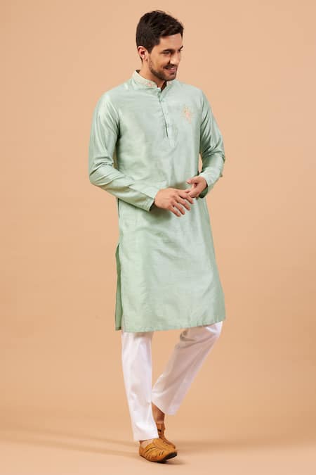 Shop_Hilo Design_Green Semi Raw Silk Floral Amil Embroidered Kurta _Online_at_Aza_Fashions