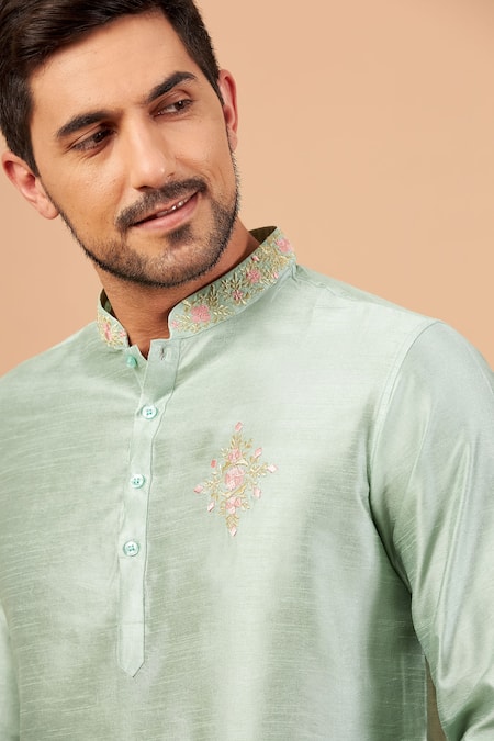 Hilo Design_Green Semi Raw Silk Floral Amil Embroidered Kurta _at_Aza_Fashions