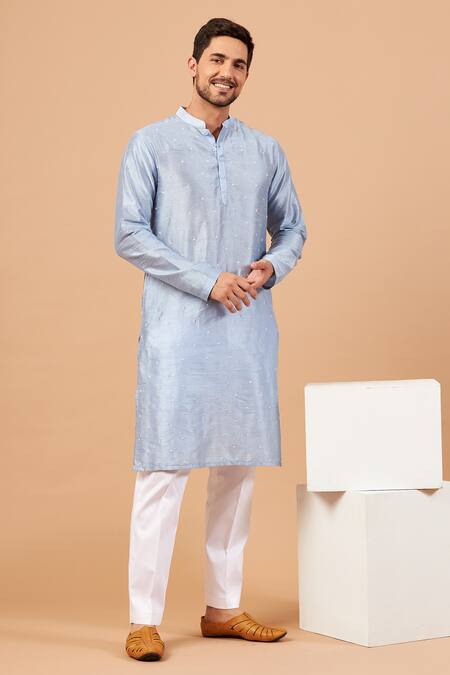 Hilo Design_Blue Semi Raw Silk Dot Viva Embroidered Kurta _Online_at_Aza_Fashions