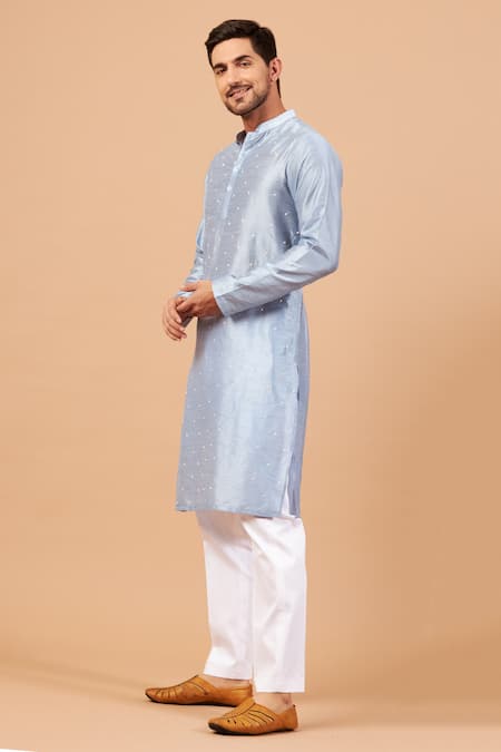 Shop_Hilo Design_Blue Semi Raw Silk Dot Viva Embroidered Kurta _Online_at_Aza_Fashions