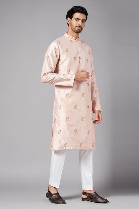 Shop Hilo Design Peach Semi Raw Silk Floral Krusos Embroidered Kurta at Aza Fashions Shop_Hilo Design_Peach Semi Raw Silk Floral Krusos Embroidered Kurta _at_Aza_Fashions