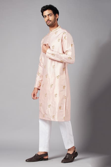 Hilo Design Peach Semi Raw Silk Floral Krusos Embroidered Kurta Online at Aza Fashions Hilo Design_Peach Semi Raw Silk Floral Krusos Embroidered Kurta _Online_at_Aza_Fashions