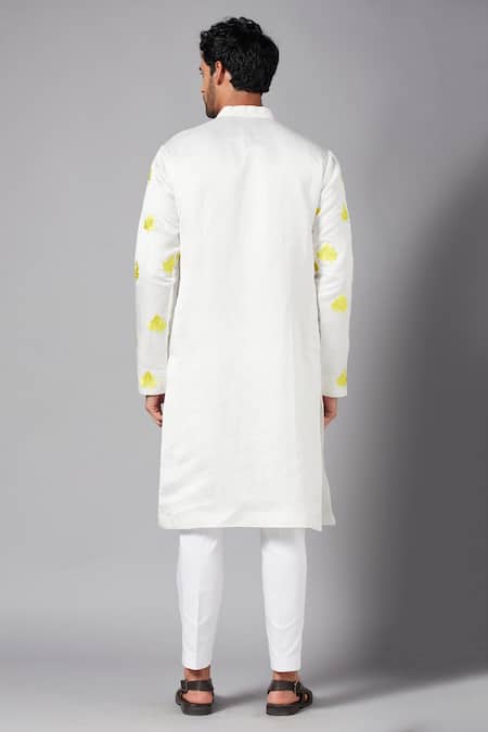 Shop_Hilo Design_White Linen Satin Leaf Mogra Embroidered Kurta _at_Aza_Fashions