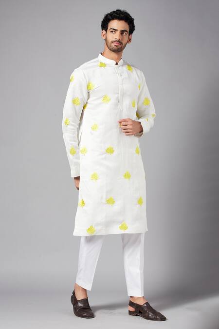 Hilo Design_White Linen Satin Leaf Mogra Embroidered Kurta _Online_at_Aza_Fashions