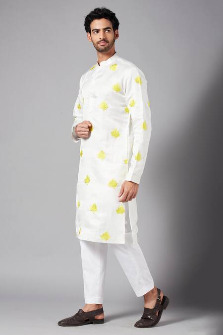Buy_Hilo Design_White Linen Satin Leaf Mogra Embroidered Kurta _Online_at_Aza_Fashions