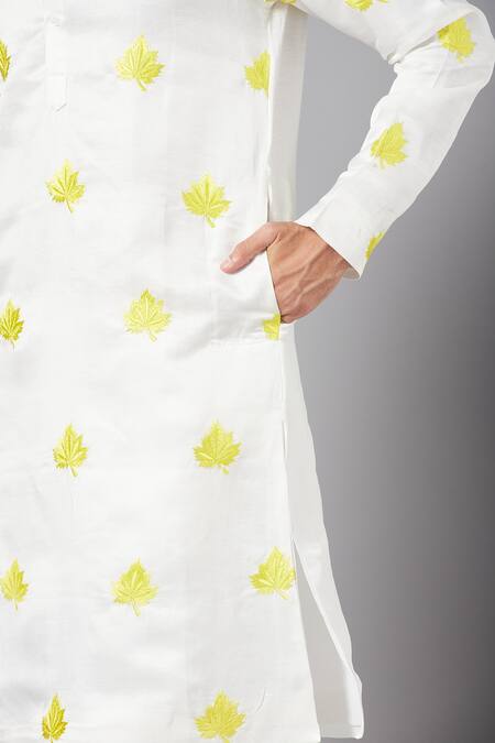 Hilo Design_White Linen Satin Leaf Mogra Embroidered Kurta _at_Aza_Fashions