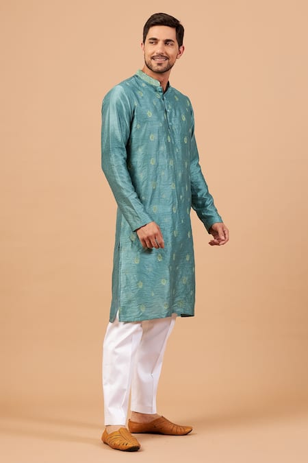 Hilo Design_Green Semi Raw Silk Floral Greafy Embroidered Kurta _Online_at_Aza_Fashions