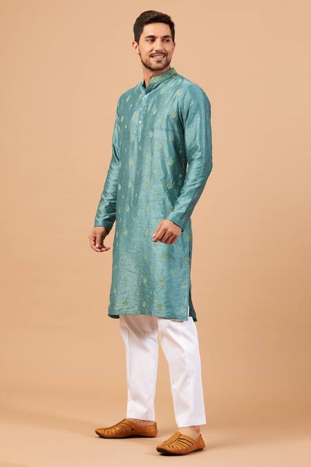 Buy_Hilo Design_Green Semi Raw Silk Floral Greafy Embroidered Kurta _Online_at_Aza_Fashions