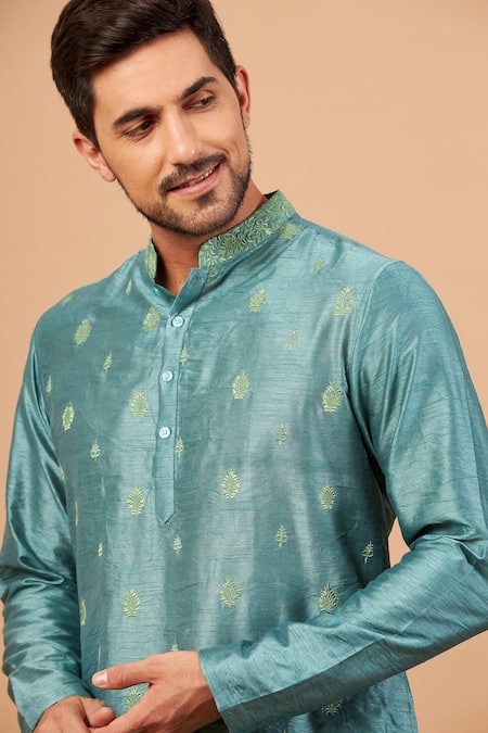 Shop_Hilo Design_Green Semi Raw Silk Floral Greafy Embroidered Kurta _Online_at_Aza_Fashions