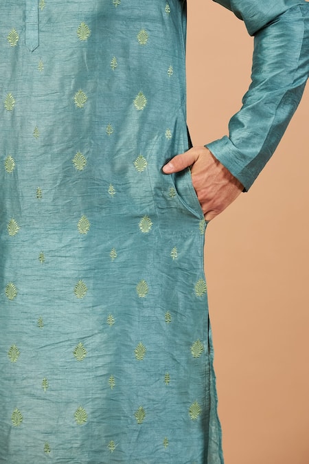 Hilo Design_Green Semi Raw Silk Floral Greafy Embroidered Kurta _at_Aza_Fashions
