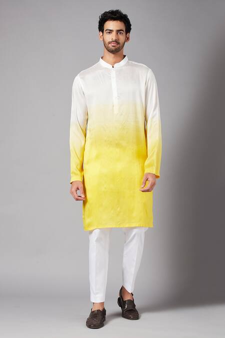 Hilo Design_White Semi Raw Silk Plain Whill Ombre Kurta _Online_at_Aza_Fashions