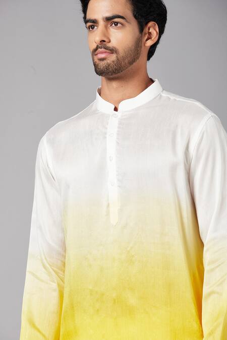 Hilo Design_White Semi Raw Silk Plain Whill Ombre Kurta _at_Aza_Fashions