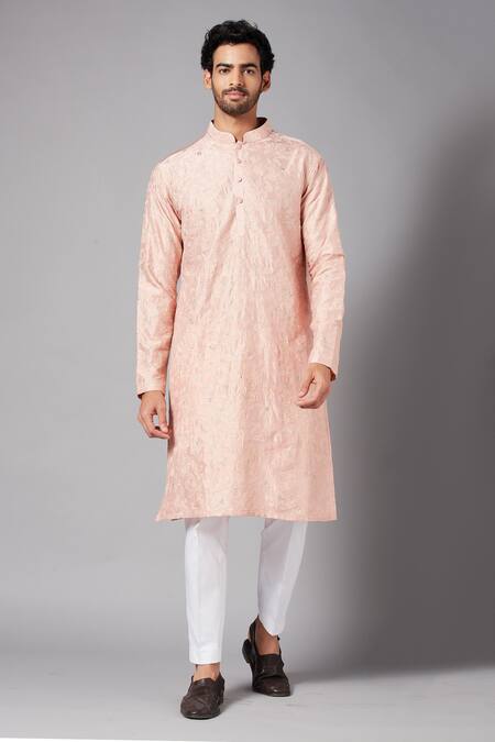 Buy_Hilo Design_Peach Silk Embroidery Floral Kurta_Online_at_Aza_Fashions