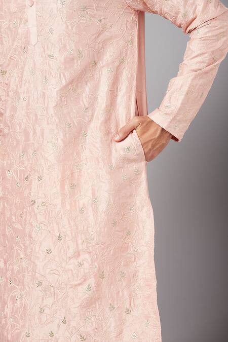 Hilo Design_Peach Silk Embroidery Floral Kurta_at_Aza_Fashions