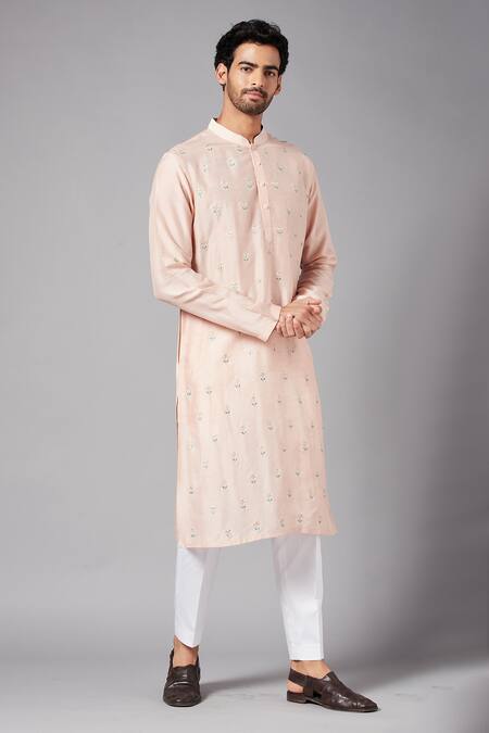 Hilo Design_Peach Semi Raw Silk Floral Moori Embroidered Kurta _Online_at_Aza_Fashions