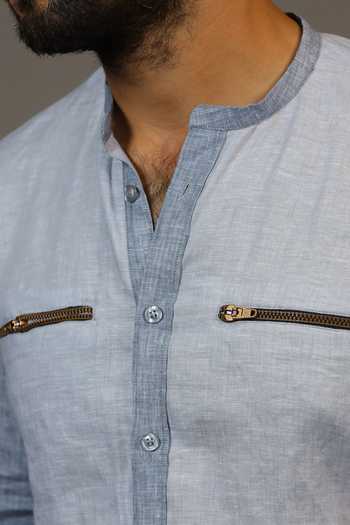 Hilo Design_Blue Linen Caelum Shirt _at_Aza_Fashions