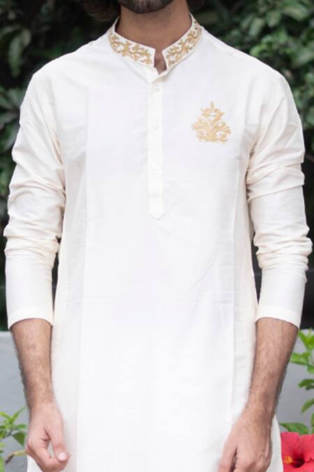 Buy_Hilo Design_White Cotton Silk Floral Basik Kurta _Online_at_Aza_Fashions