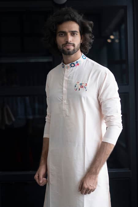 Shop_Hilo Design_Beige Cotton Silk Floral, Animal Gajanan Basik Kurta _at_Aza_Fashions