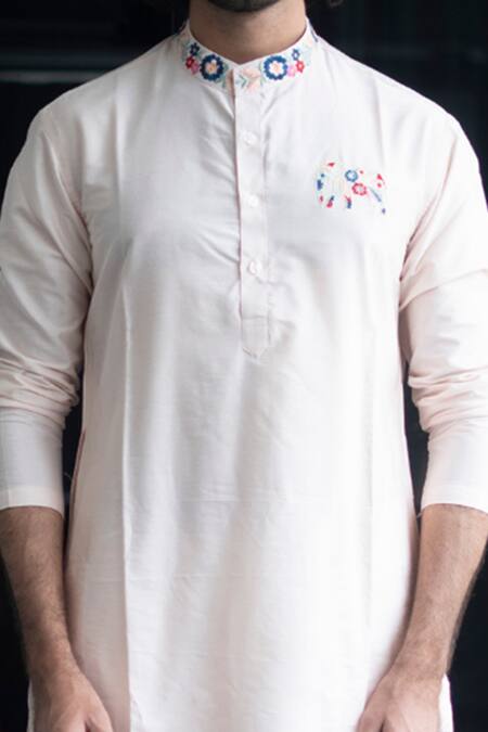 Hilo Design_Beige Cotton Silk Floral, Animal Gajanan Basik Kurta _Online_at_Aza_Fashions