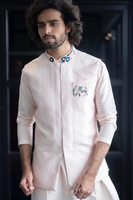 Shop_Hilo Design_Peach Semi Raw Silk Floral, Animal Elephant Motif Bundi And Kurta Set _at_Aza_Fashions