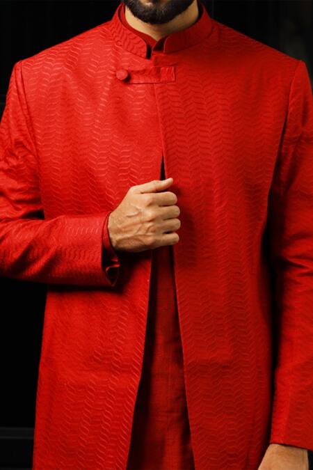 Hilo Design_Red Cotton Jacquard Geometric Sherwani Set _Online_at_Aza_Fashions