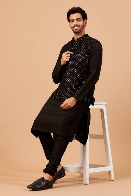 Shop Hilo Design Black Bundi Georgette, Churidar Cotton Lycra, Kurta Raw Silk Work And Set Online at Aza Fashions Shop_Hilo Design_Black Bundi Georgette, Churidar Cotton Lycra, Kurta Raw Silk Work And Set _Online_at_Aza_Fashions