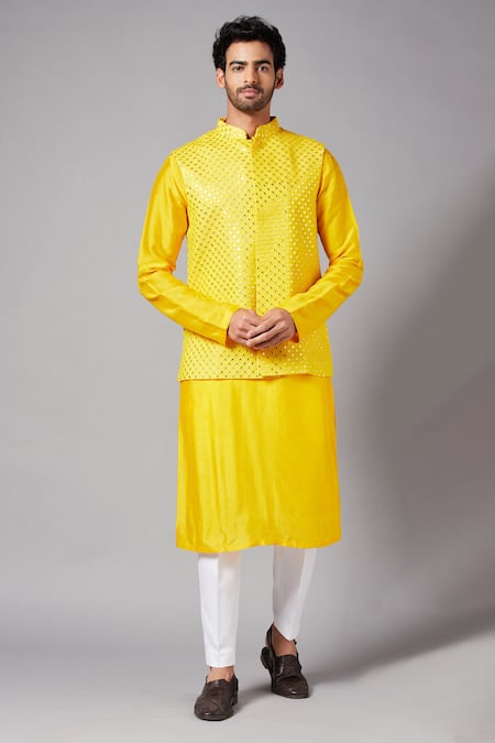 Hilo Design Yellot Mirror Work Bundi & Kurta Set 