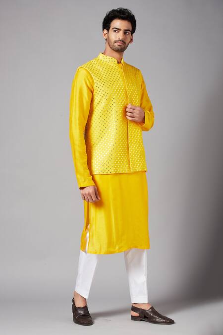 Hilo Design_Yellow Bundi Georgette, Churidar Cotton Lycra, Kurta Raw Silk Work And Set _Online_at_Aza_Fashions