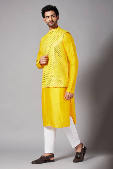 Buy_Hilo Design_Yellow Bundi Georgette, Churidar Cotton Lycra, Kurta Raw Silk Work And Set _Online_at_Aza_Fashions