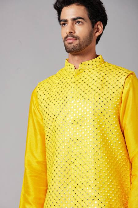 Shop_Hilo Design_Yellow Bundi Georgette, Churidar Cotton Lycra, Kurta Raw Silk Work And Set _Online_at_Aza_Fashions