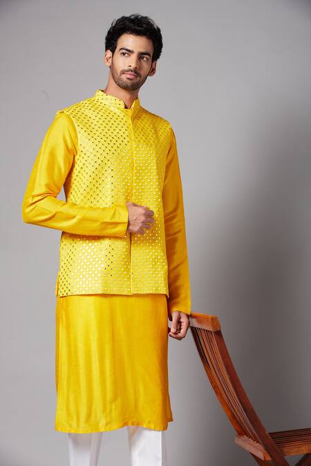 Hilo Design_Yellow Bundi Georgette, Churidar Cotton Lycra, Kurta Raw Silk Work And Set _at_Aza_Fashions