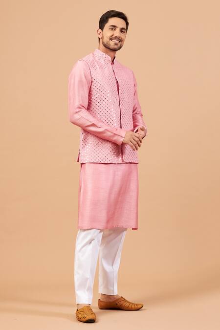 Hilo Design_Pink Bundi Georgette, Churidar Cotton Lycra, Kurta Raw Pinoret Work And Set _Online_at_Aza_Fashions