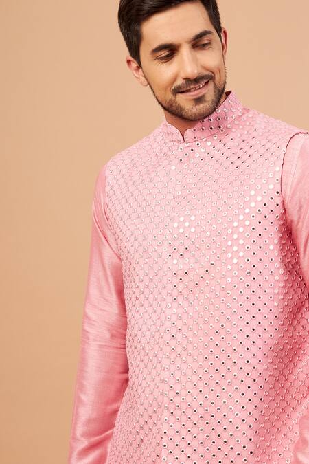 Buy_Hilo Design_Pink Bundi Georgette, Churidar Cotton Lycra, Kurta Raw Pinoret Work And Set _Online_at_Aza_Fashions