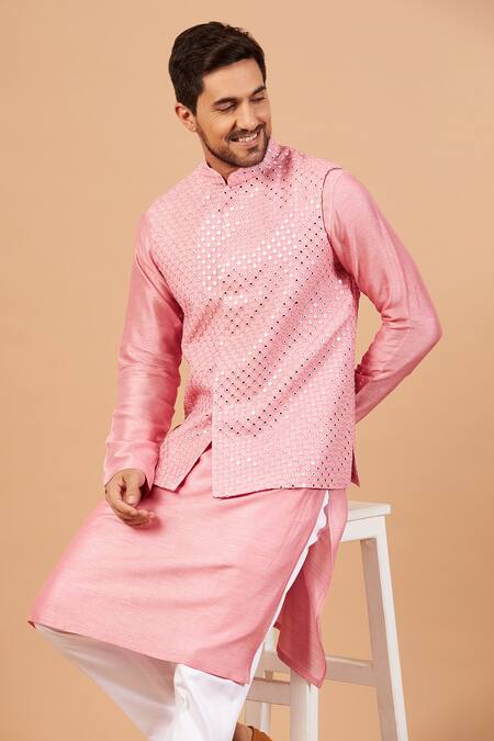 Shop_Hilo Design_Pink Bundi Georgette, Churidar Cotton Lycra, Kurta Raw Pinoret Work And Set _Online_at_Aza_Fashions