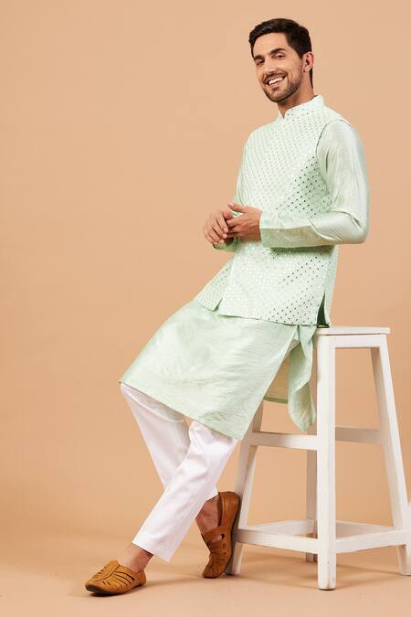 Buy_Hilo Design_Green Bundi Georgette, Churidar Cotton Lycra, Kurta Raw Panor Work And Set _Online_at_Aza_Fashions