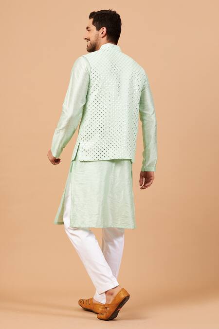 Shop_Hilo Design_Green Bundi Georgette, Churidar Cotton Lycra, Kurta Raw Panor Work And Set _Online_at_Aza_Fashions