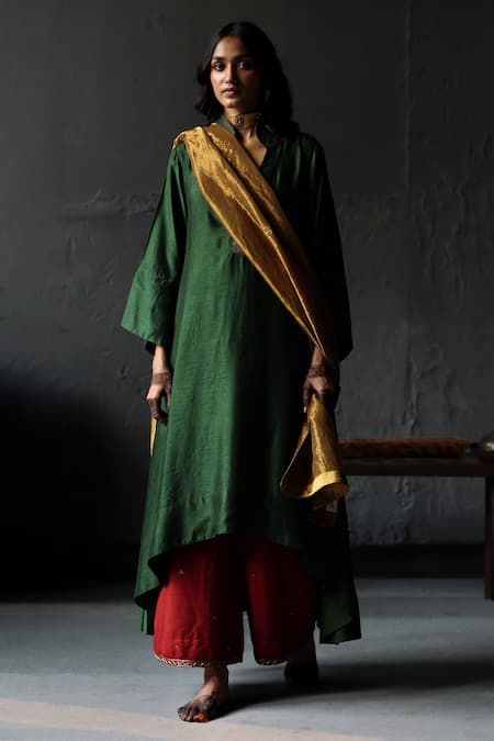 Shorshe Clothing_Red Kurta Raw Silk, Lining Shantoon, Pant Cotton Asymmetric And Farshi Set _Online_at_Aza_Fashions