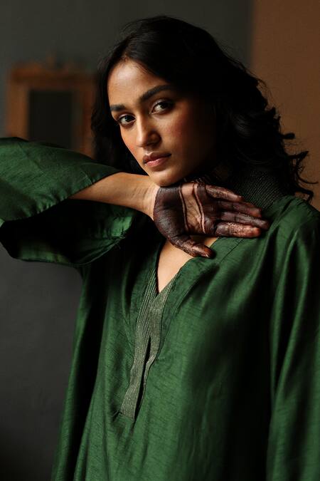 Buy_Shorshe Clothing_Red Kurta Raw Silk, Lining Shantoon, Pant Cotton Asymmetric And Farshi Set _Online_at_Aza_Fashions