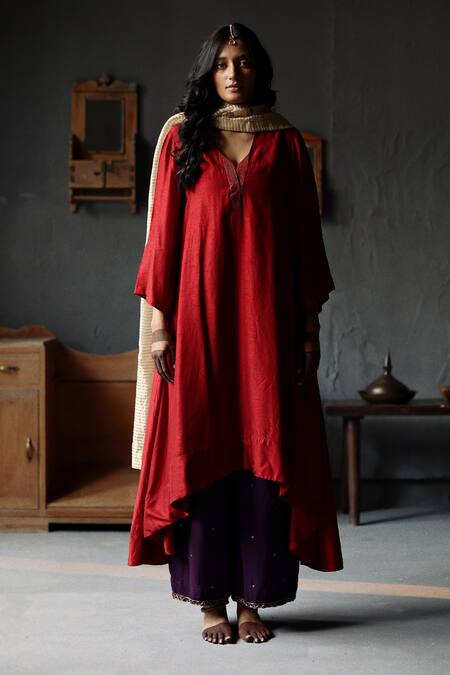 Shorshe Clothing_Red Kurta Raw Silk, Lining Shantoon, Pant Cotton Asymmetric And Farshi Set _Online_at_Aza_Fashions
